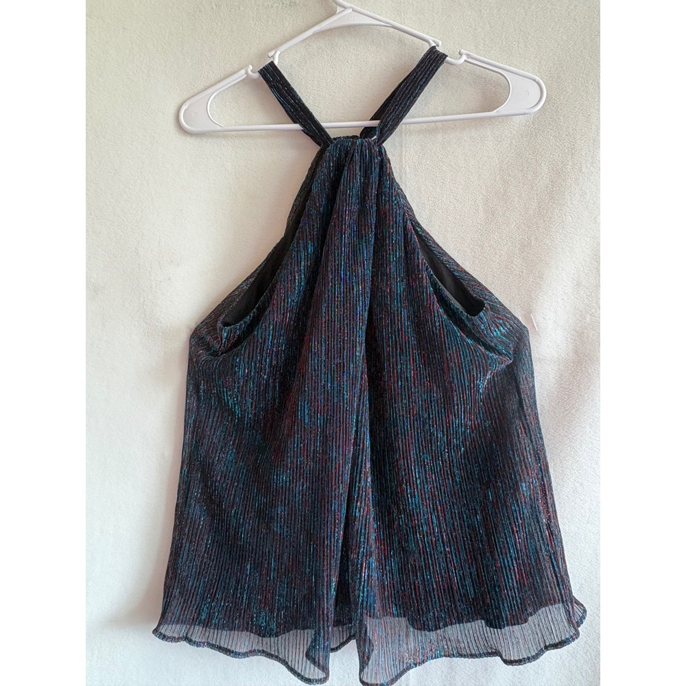 Skies Are Blue Womens Halter Top Metallic Plisse Multi Color Shimmer Blouse M